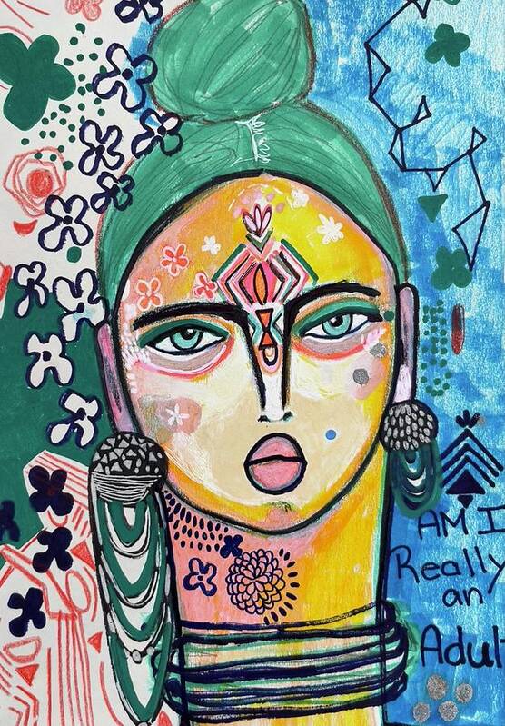 Abstract Face Art Poster featuring the mixed media Free Spirit Girl by Rosalina Bojadschijew