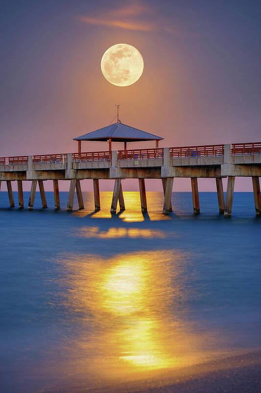 Captain Kimo Poster featuring the photograph Full Moon Rise Juno Beach Pier May 2017 by Kim Seng