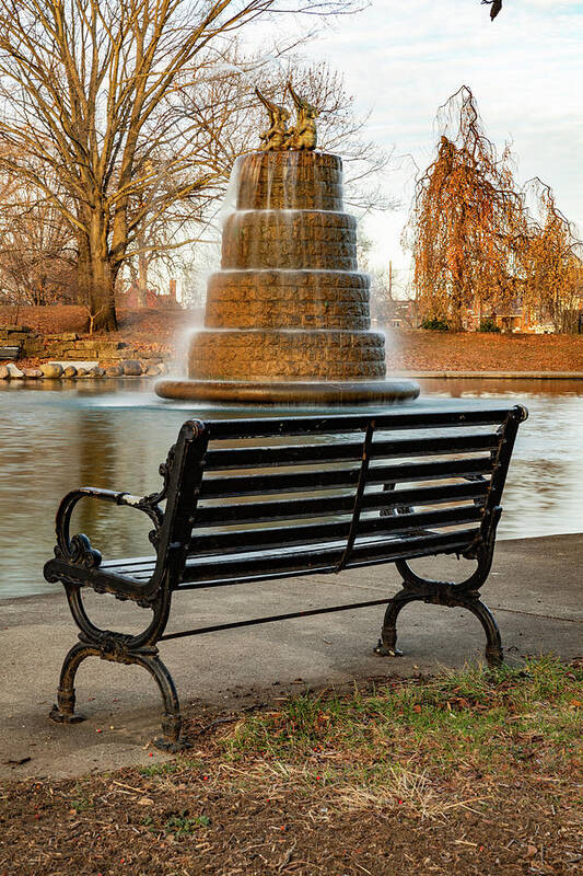 Columbus Ohio Poster featuring the photograph Golden Hour Serenity At The Goodale Park Pond Fountain - Columbus Ohio by Gregory Ballos