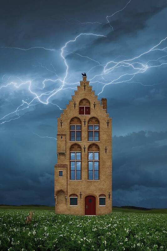 Lonely House Poster featuring the digital art Gothic house on a flowery meadow with lightning and storm clouds by Moira Risen