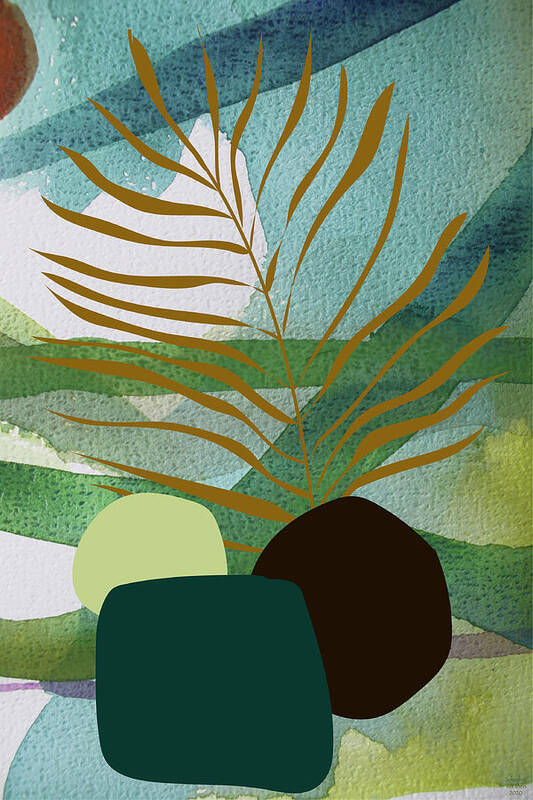 #faatoppicks Summer Palm Garden Leaf Nature Exotic Plant Jungle Green Tropical Foliage Tropic Beach Flora Botanical Illustration Texture Paradise Abstract Blu Green Watercolor Digital Palm Leaf Stones Poster featuring the painting Green garden by Johanna Virtanen