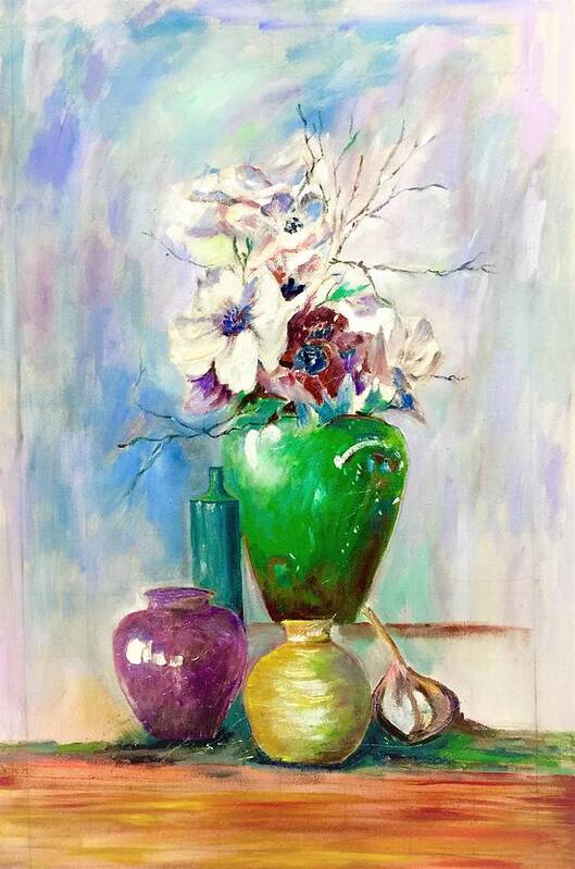 Vase Poster featuring the painting Green Vase by Khalid Saeed