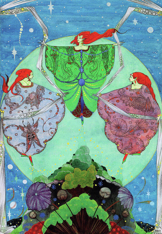 Hans Christian Andersen Poster featuring the drawing Harry Clarke illustrations for Andersen's Fairy Tales 1916 - The Elf Hill, dance of the elf maidens by Harry Clarke