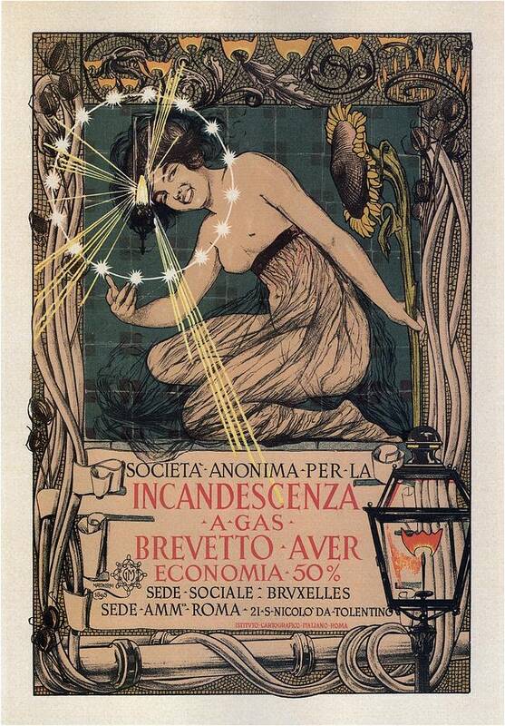 Vintage Poster Poster featuring the digital art Incandescenza Gas Lamps - Art Nouveau Vintage Poster - Giovanni Maria - Retro Advertising Poster by Studio Grafiikka