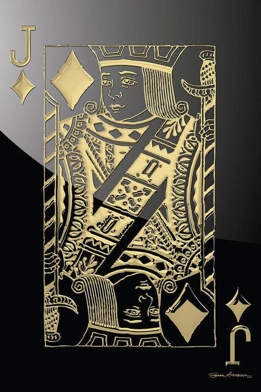 'gamble' Collection By Serge Averbukh Poster featuring the digital art Jack of Diamonds in Gold over Black by Serge Averbukh