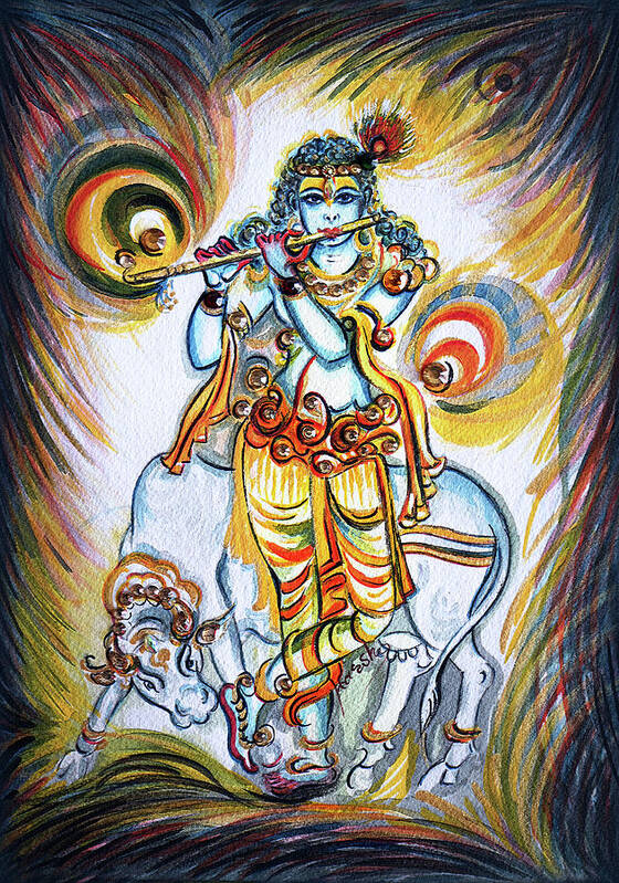 Krishna Poster featuring the painting Krishna - Flute - Cow by Harsh Malik