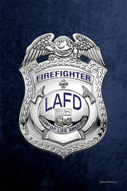 'law Enforcement & First Responders' Collection By Serge Averbukh Poster featuring the digital art LA City Fire - LAFD Firefighter Badge over Blue Velvet by Serge Averbukh