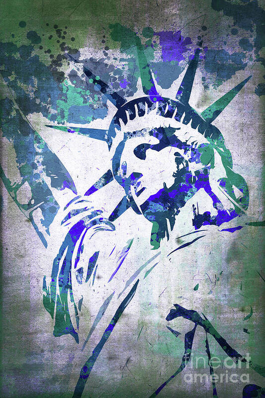 Statue Poster featuring the painting Statue of Liberty, blue watercolor by Delphimages Photo Creations