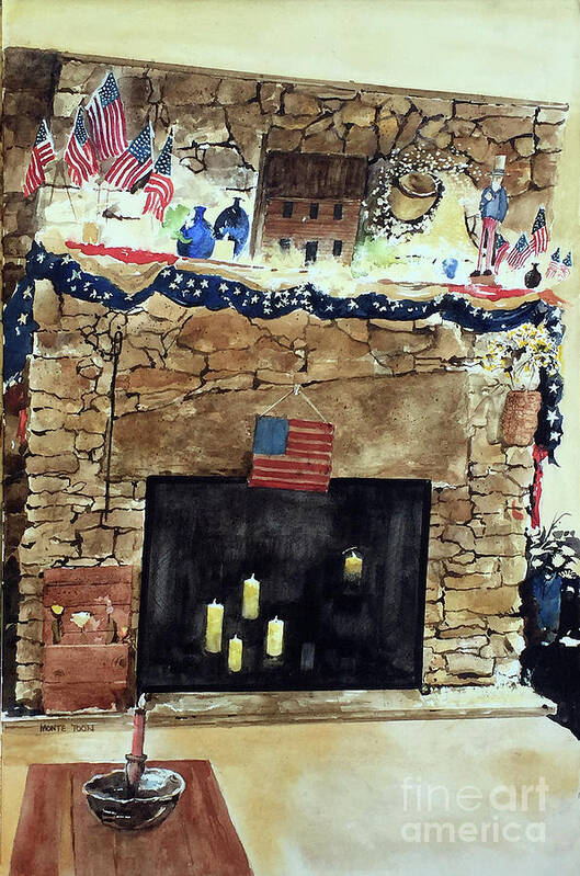 A Natural Stone Fireplace Is Decorated For The 4th Of July. Poster featuring the painting Light Up The 4th by Monte Toon