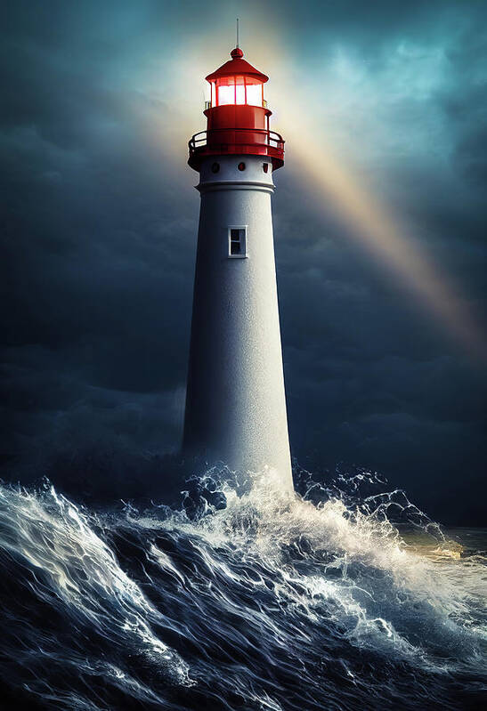 Lighthouse Poster featuring the digital art Lighthouse 09 Ocean Waves by Matthias Hauser