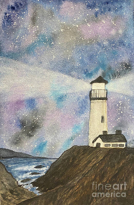 Lighthouse Poster featuring the painting Lighthouse at Night by Lisa Neuman