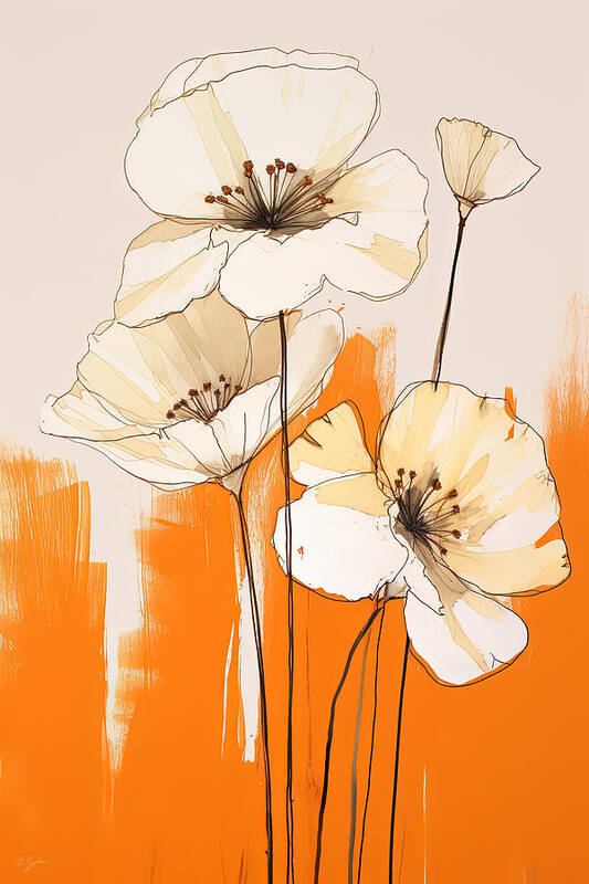 Orange And Yellow Art Poster featuring the painting Minimalist Cream Flowers by Lourry Legarde