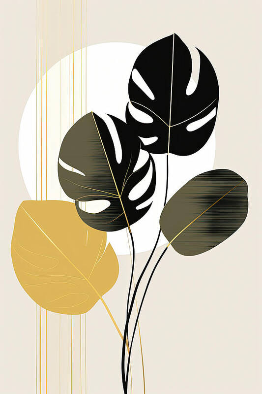 Dark Green Poster featuring the painting Modern Tropical Elegance in Black and Gold by Lourry Legarde