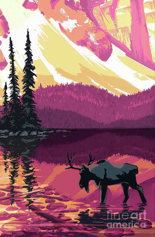 Moraine Lake Poster featuring the painting Moraine Lake Moose by Sassan Filsoof