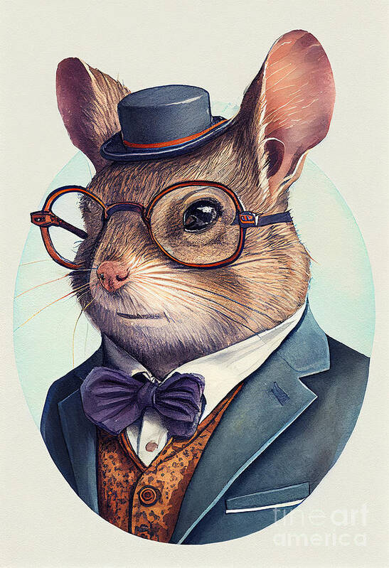 Mouse Poster featuring the painting Mouse in Suit Watercolor Hipster Animal Retro Costume by Jeff Creation