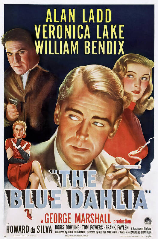 Blue Poster featuring the mixed media Movie poster for ''The Blue Dahlia'', with alan Ladd and Veronica Lake, 1946 by Movie World Posters