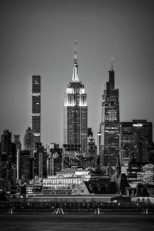 Empire State Poster featuring the photograph NJ and New York City Skyline BW by Susan Candelario