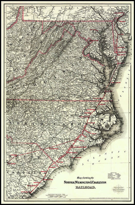Norfolk Poster featuring the photograph Norfolk Wilmington and Charleston Vintage Railroad Map 1891 by Carol Japp