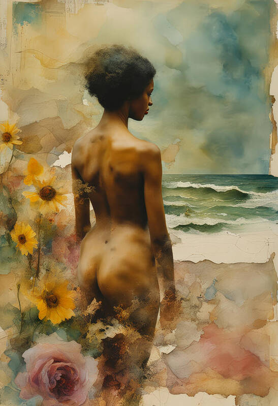 Ebony Poster featuring the painting Nude at the Beach No.5 by My Head Cinema