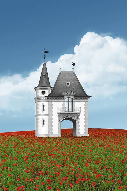 Lonely House Poster featuring the digital art Old gatehouse in a red poppy field in France by Moira Risen