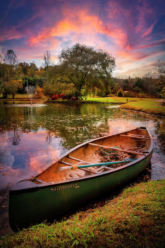 Blairsville Poster featuring the photograph Old Green Canoe under Sunset Skies by Debra and Dave Vanderlaan