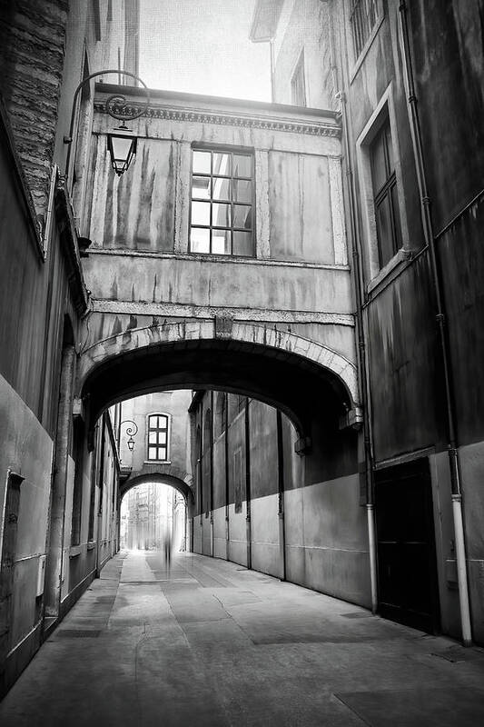 Lyon Poster featuring the photograph Passageways of Historic Lyon France Black and White by Carol Japp