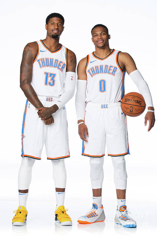 Paul George Poster featuring the photograph Paul George and Russell Westbrook by Nba Photos