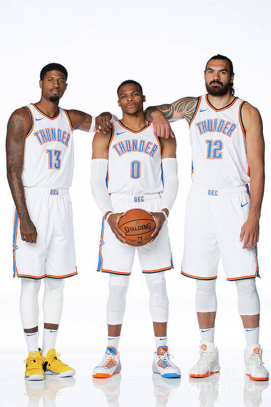 Paul George Poster featuring the photograph Paul George, Russell Westbrook, and Steven Adams by Nba Photos