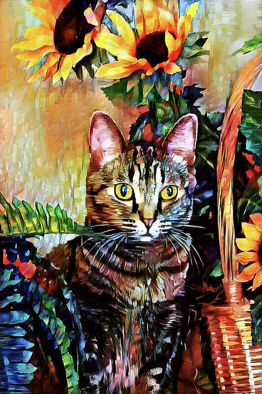 Bengal Cats Poster featuring the digital art Pepper the Bengal Tabby Cat with Sunflowers by Peggy Collins
