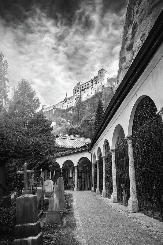 Salzburg Poster featuring the photograph Petersfriedhof and Salzburg Castle Black and White by Carol Japp