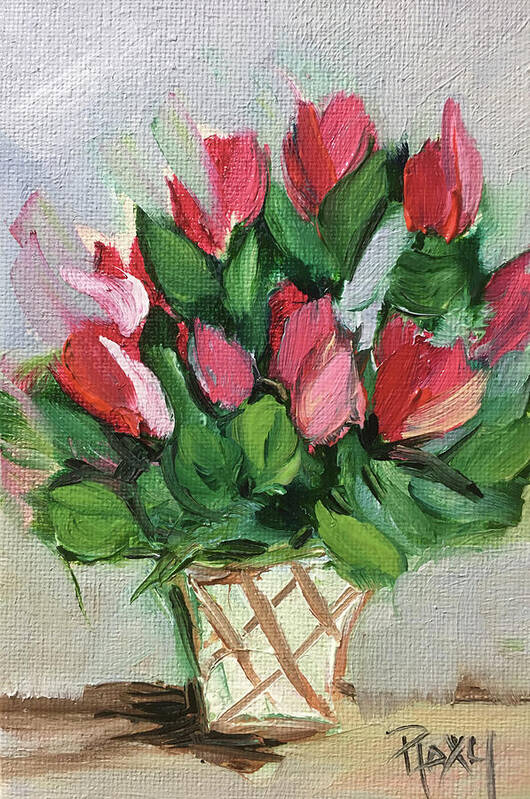 Flowers Poster featuring the painting Red Flowers in a White Basket by Roxy Rich