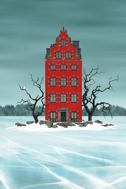 Lonely House Poster featuring the digital art The Red House - Medieval townhouse from Stockholm on a small island in a frozen lake by Moira Risen