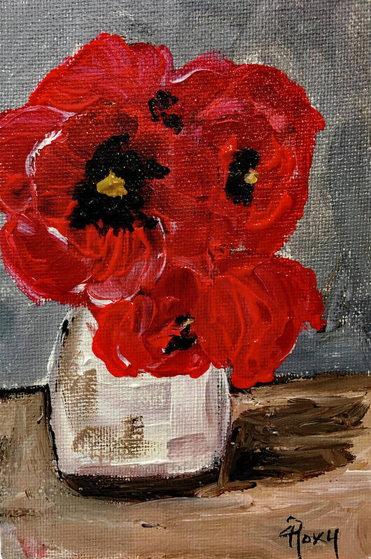 Poppies Poster featuring the painting Red Poppies in a White Vase by Roxy Rich
