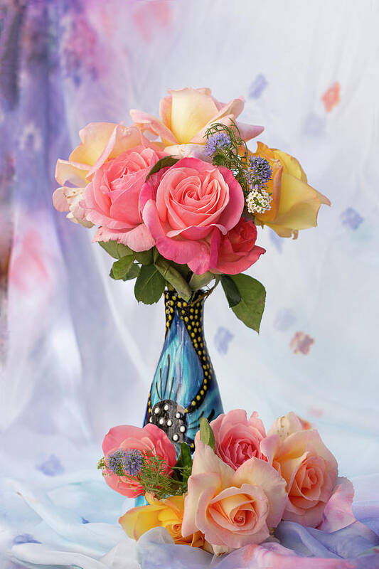 Roses Poster featuring the photograph Roses in a Blue Vase by Vanessa Thomas