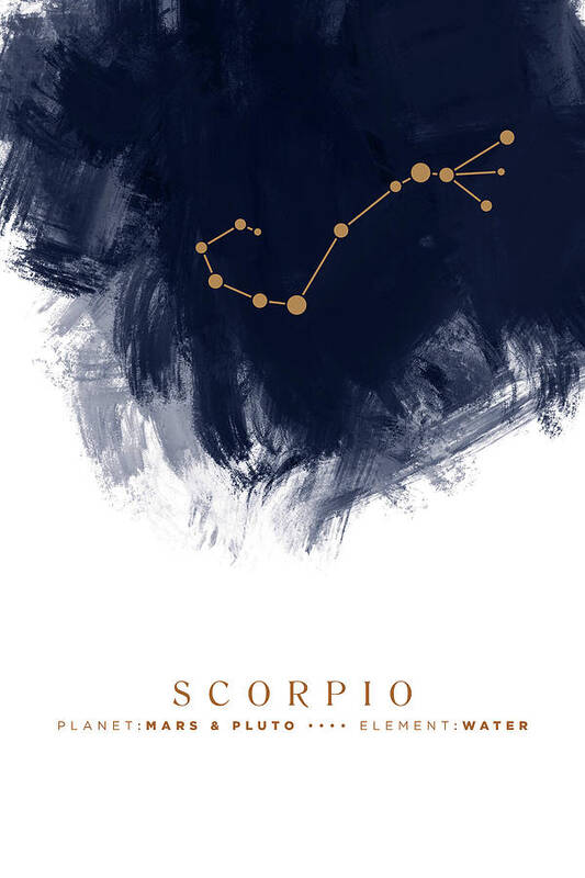 Scorpio Poster featuring the mixed media Scorpio Zodiac Sign - Minimal Print - Zodiac, Constellation, Astrology, Good Luck, Night Sky - Blue by Studio Grafiikka