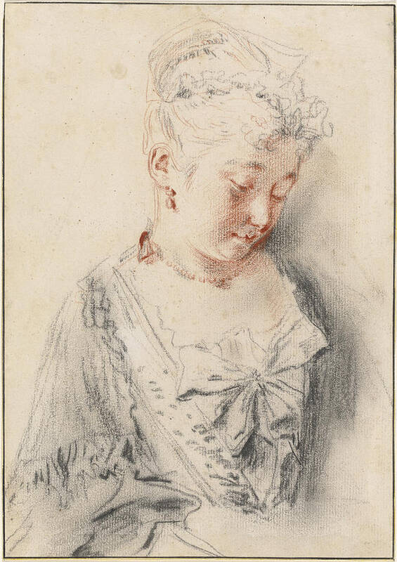Antoine Watteau Poster featuring the drawing Seated Woman Looking Down #1 by Antoine Watteau
