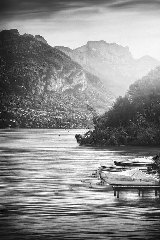 Annecy Poster featuring the photograph Shores of Lake Annecy France Black and White by Carol Japp