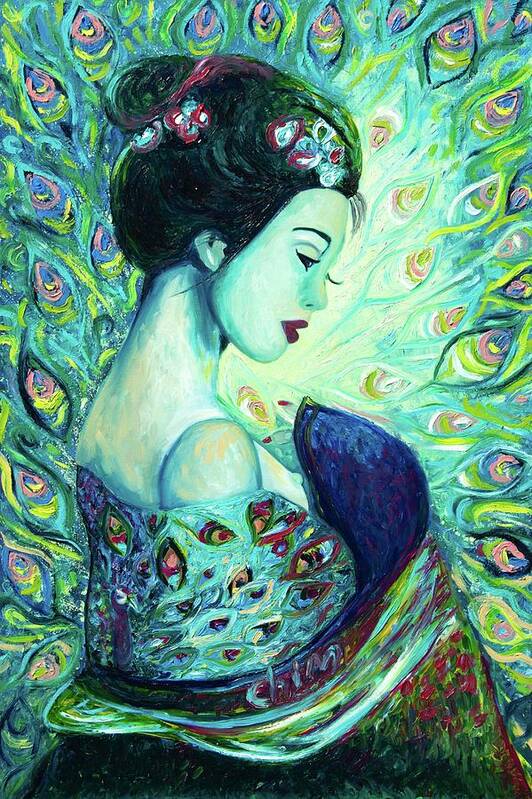 Lady Poster featuring the painting Silk Peafowl by Chiara Magni