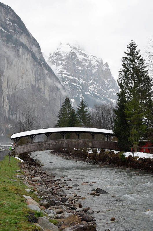 Covered Bridge Poster featuring the photograph Snow Covered Footbridge in Jungfrau Village of Lauterbrunnen Switzerland by Shawn O'Brien