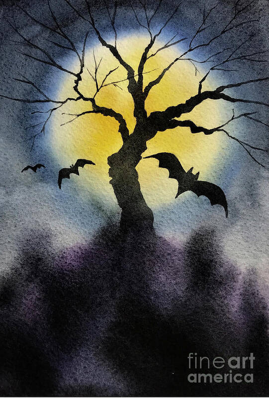 Halloween Poster featuring the digital art Spooky Halloween Tree Silhouette, Scary Night by Amusing DesignCo