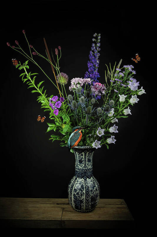 Still Life Poster featuring the digital art Still life Bouquet of flowers Kingfisher with butterflies by Marjolein Van Middelkoop