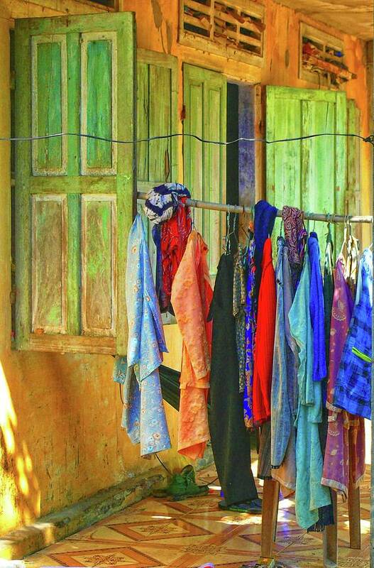 Clothes Poster featuring the photograph Window doors with hanging clothes, Vietnam by Robert Bociaga
