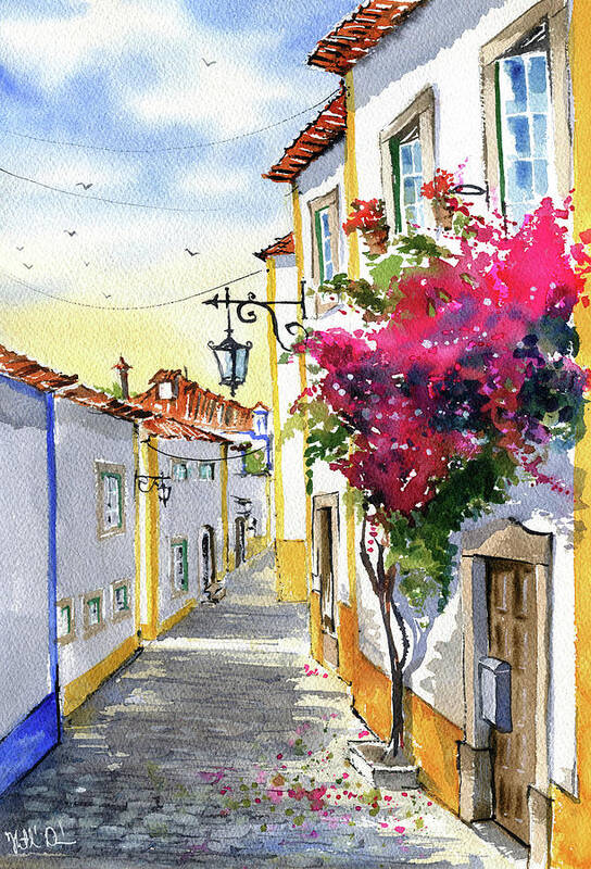 Portugal Poster featuring the painting Sunny Day In Obidos Portugal Painting by Dora Hathazi Mendes