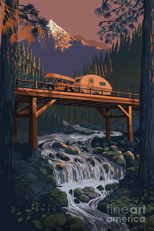 Retro Camping Poster featuring the painting Sunset Camper by Sassan Filsoof