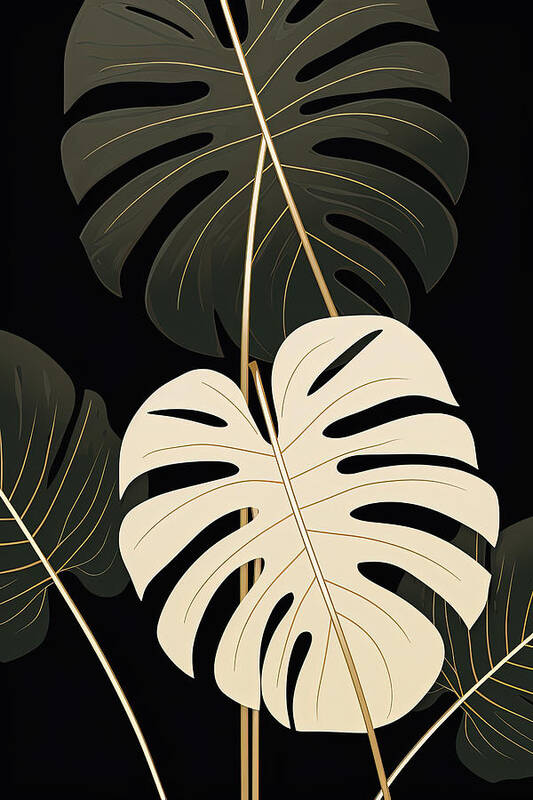 Dark Green Poster featuring the painting Swaying Silhouettes - Modern Tropical Leaves in Boho Minimalism by Lourry Legarde