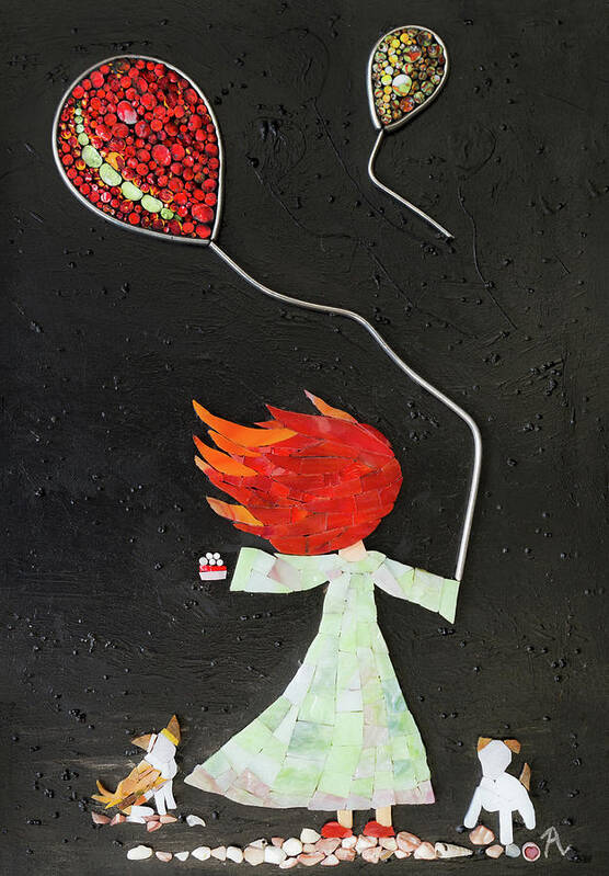 Girl Poster featuring the glass art The girl with two balloons and two small dogs by Adriana Zoon