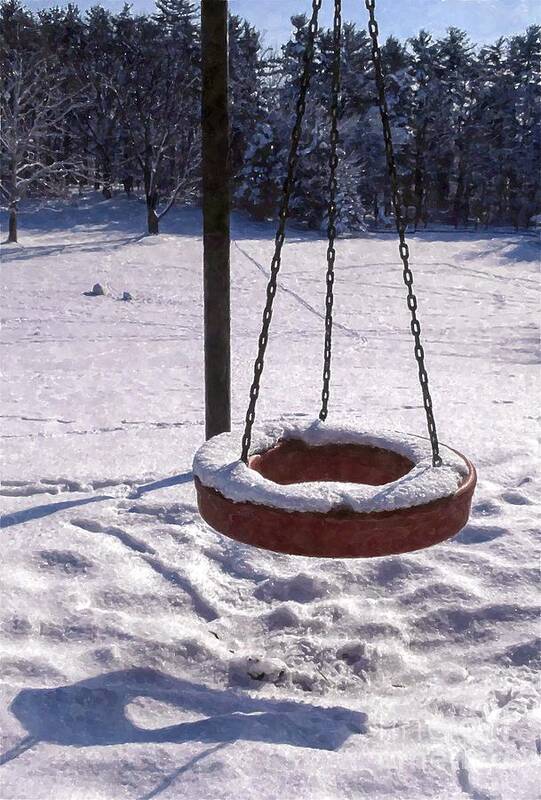 Tire Poster featuring the photograph Tire swing goes unused on a snowy playground by William Kuta