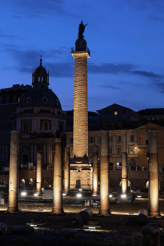 Trajan Poster featuring the photograph Trajan Column In Rome By Night by Artur Bogacki