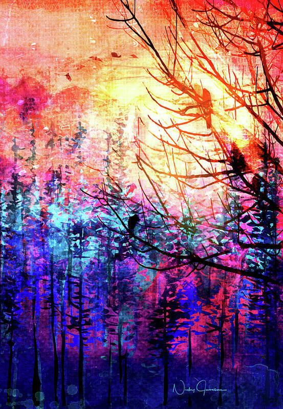 Painting Poster featuring the mixed media Trees at Sunrise by Nicky Jameson