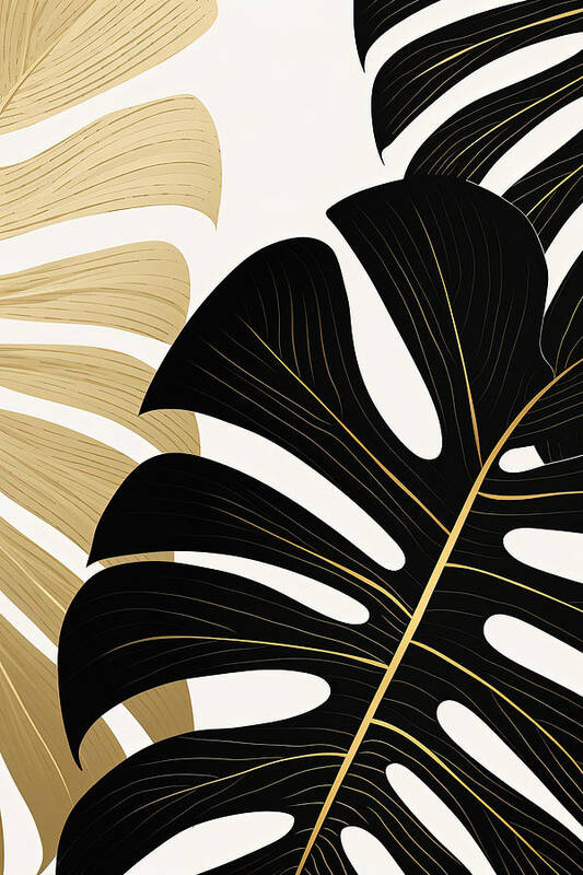 Dark Green Poster featuring the painting Tropical Leaves with Modern Minimalist Flair by Lourry Legarde